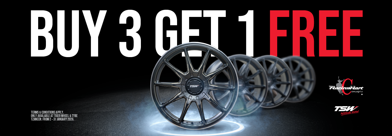 Buy 3 wheels, get 1 free: four alloy wheels in sequence on a dark background