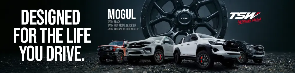 A Mogul TSW Wheel surrounded by a series of showcase trucks